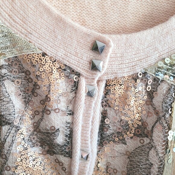 Free People Cardigan Sweater Womens Medium Peachy Pink Angora Blend Sequins - Picture 8 of 11